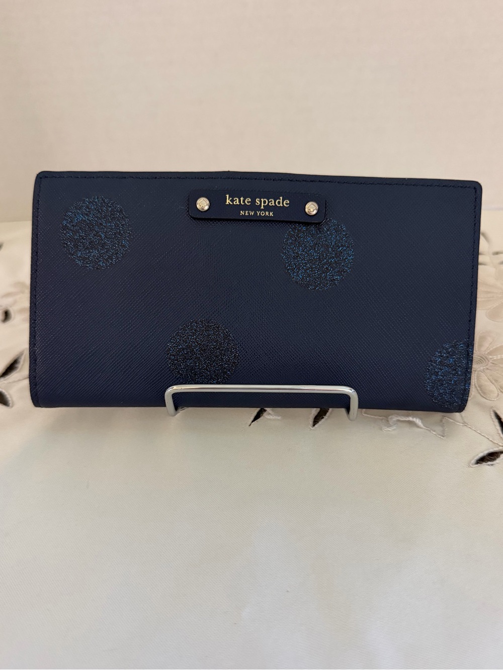 Kate Spade New York Navy Glitter Polka Dot Leather Wallet